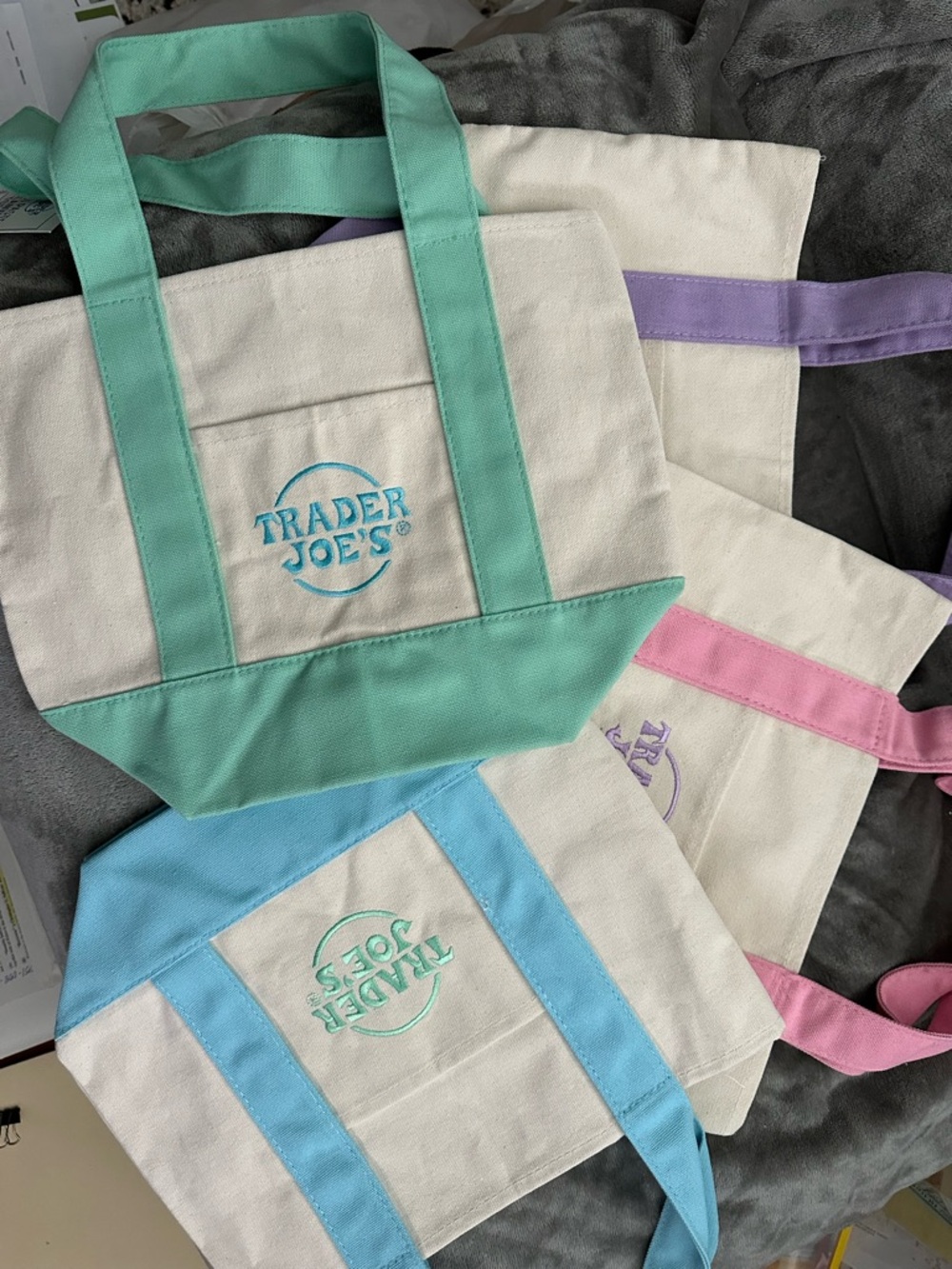 Trader Joe's Canvas Tote Bag - Mint Trim blue lavender and pink set